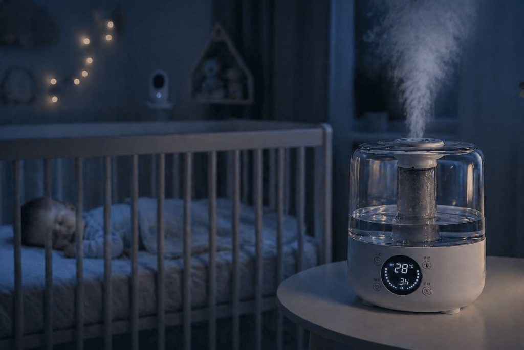 humidificateur ultrasonique dans chambre de bébé avec brume visible nuit calme