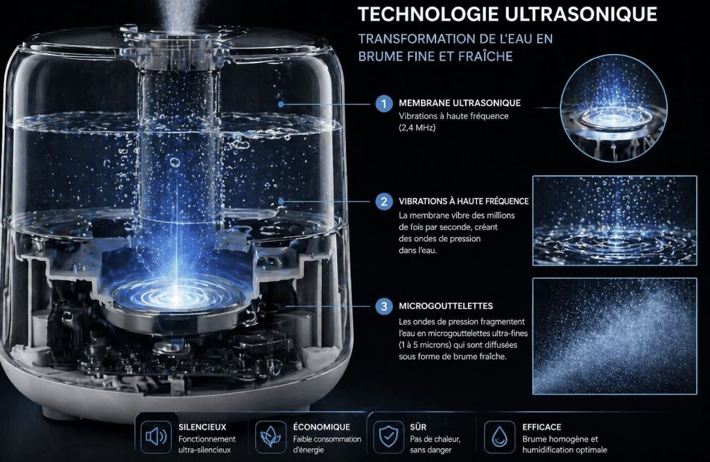 fonctionnement humidificateur ultrasonique vibration membrane transformation eau brume