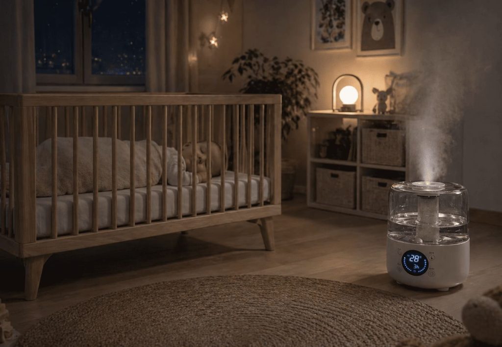 Placement sécurisé d’un appareil d’humidification dans une chambre de bébé pour un sommeil calme et confortable