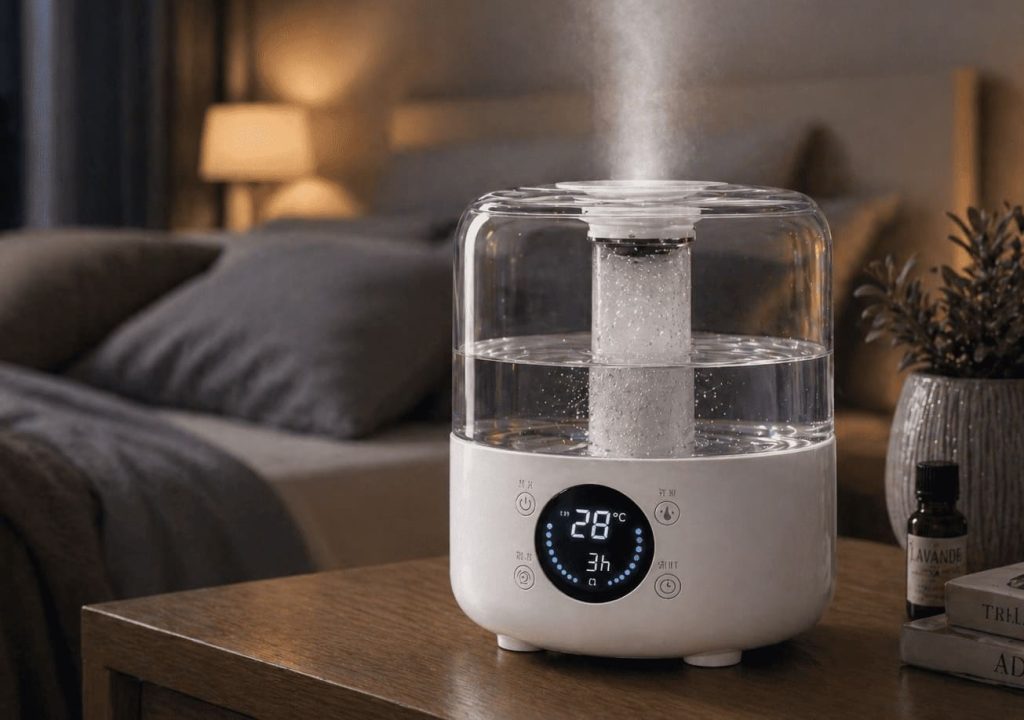 Appareil silencieux au design moderne dans une chambre cosy pour améliorer le confort et la qualité de l’air
