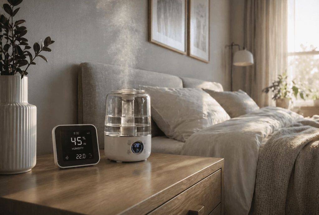 Taux d’humidité idéal dans une chambre affiché à 45% sur hygromètre