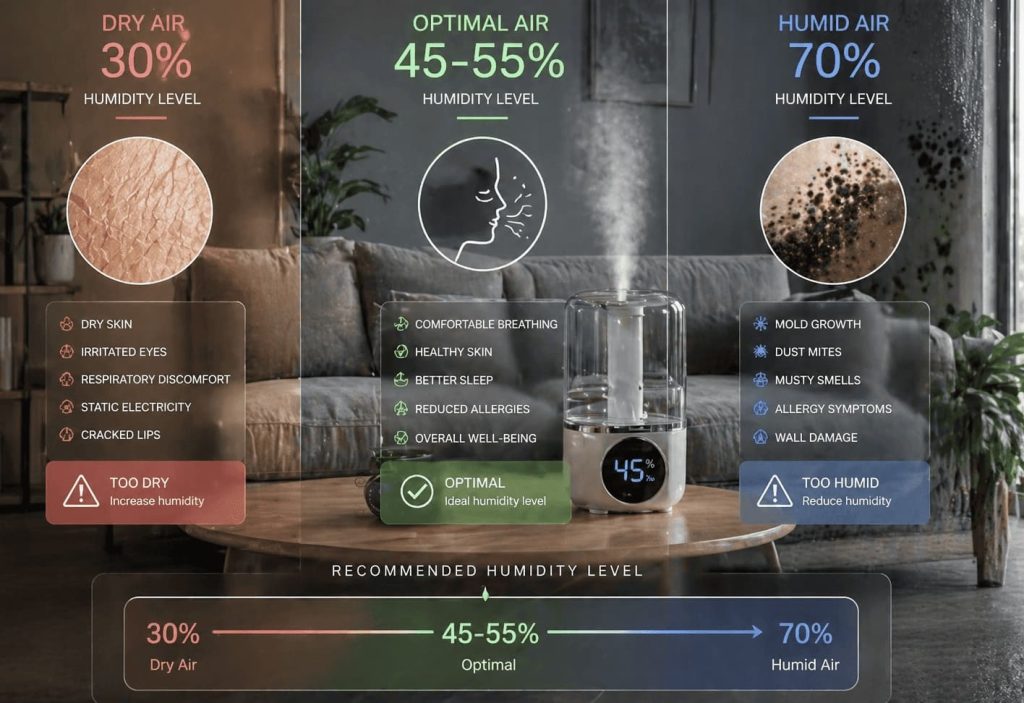 Comparaison visuelle du taux d’humidité idéal entre air sec, optimal et humide