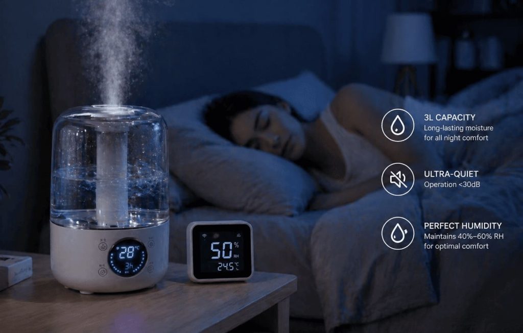 Humidificateur silencieux 3L maintenant le taux d’humidité idéal à 50%