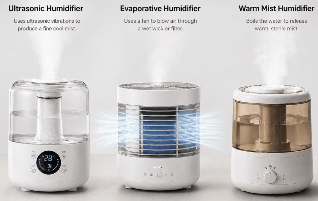 types humidificateurs ultrasonique évaporatif vapeur chaude comparaison