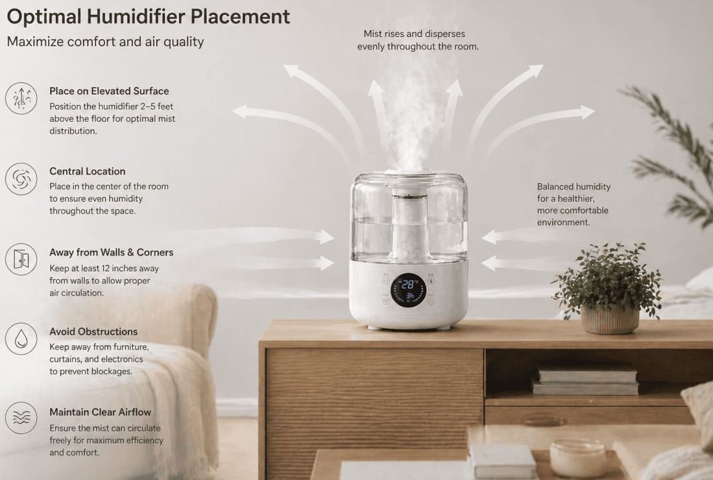 humidificateur placé au centre d’une pièce pour assurer une diffusion homogène de l’humidité