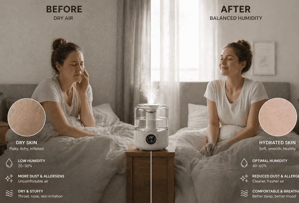 comparaison entre une pièce avec air sec et une pièce avec humidité équilibrée