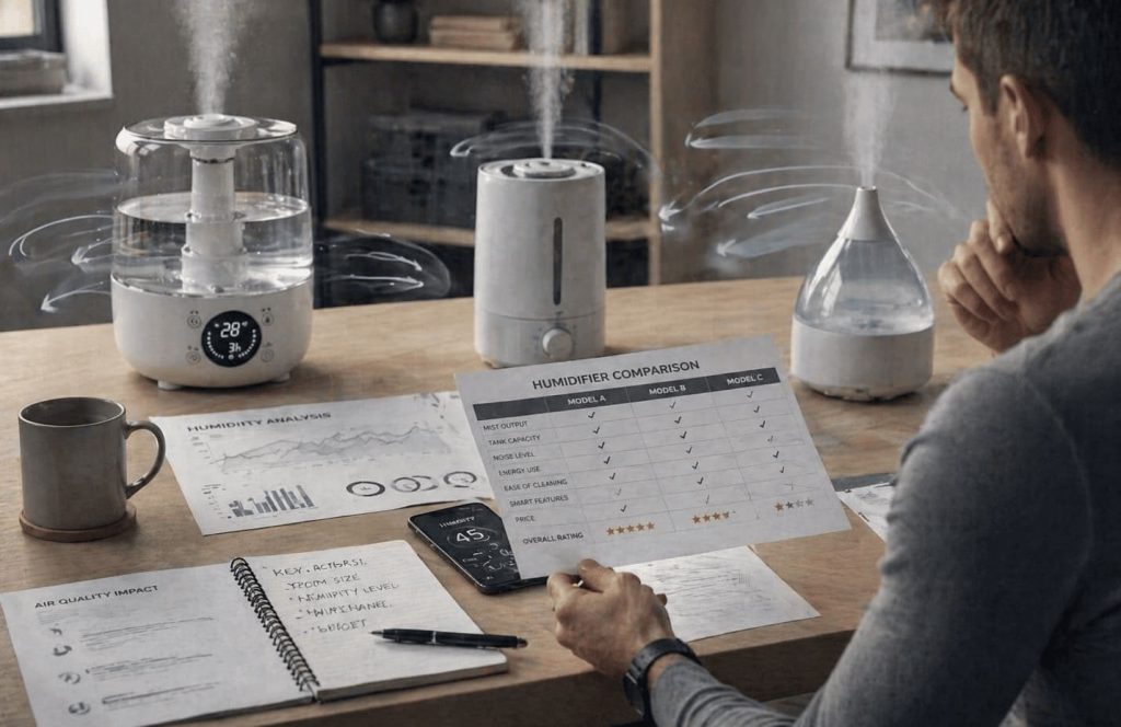 processus de choix d’un appareil selon la pièce et l’usage avec comparaison des différents systèmes d’humidification