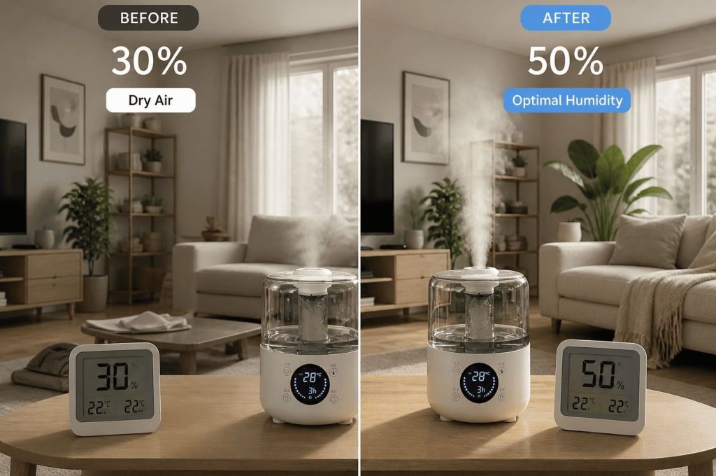 comparaison humidité avant après humidificateur dans salon 55 m2