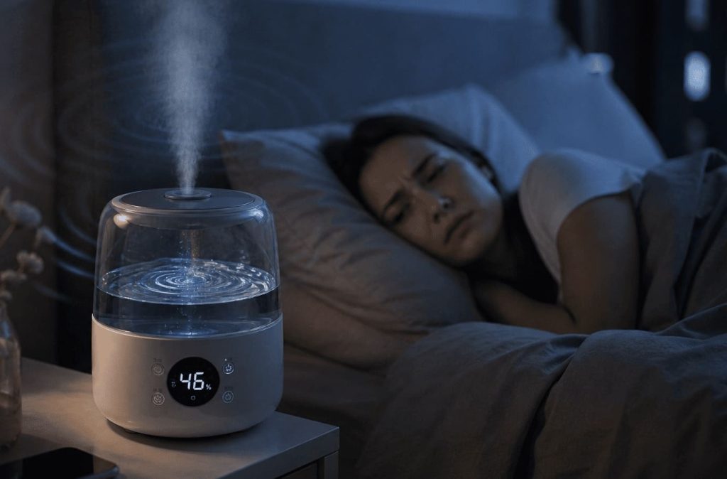 Humidificateur dans une chambre la nuit avec légère gêne sonore impactant le sommeil