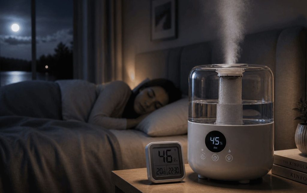 Humidificateur silencieux fonctionnant dans une chambre avec taux d’humidité optimal