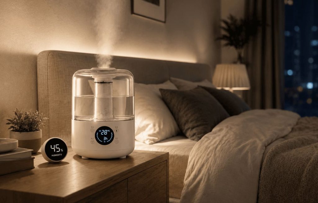 Comparatif humidificateur dans une chambre moderne avec humidité contrôlée