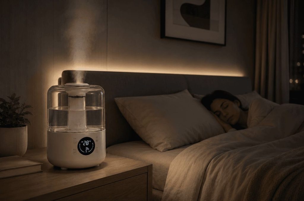 Humidificateur ultrasonique silencieux dans une chambre moderne