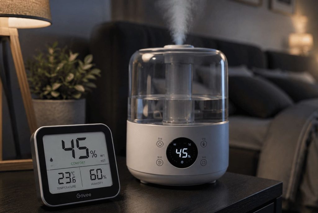 Hygromètre affichant un taux d’humidité intérieur équilibré