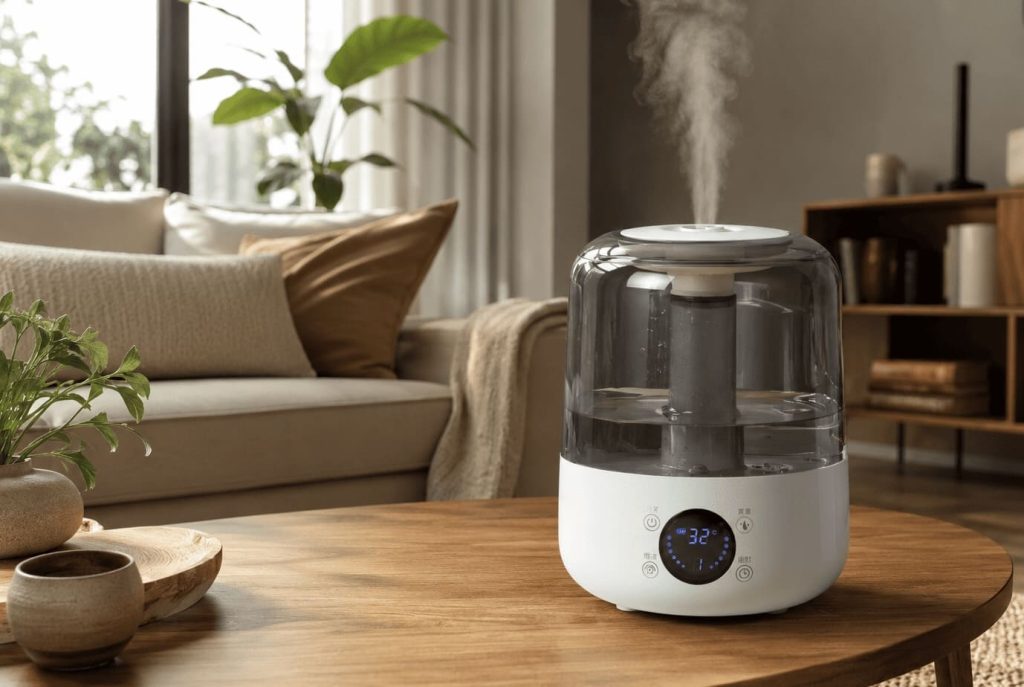 Humidificateur-salon moderne diffusant une brume légère dans un salon confortable