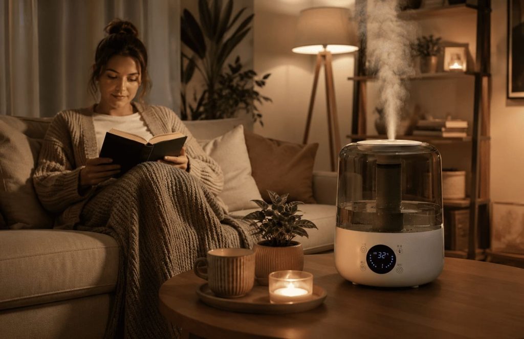 Humidificateur silencieux dans un salon calme et confortable