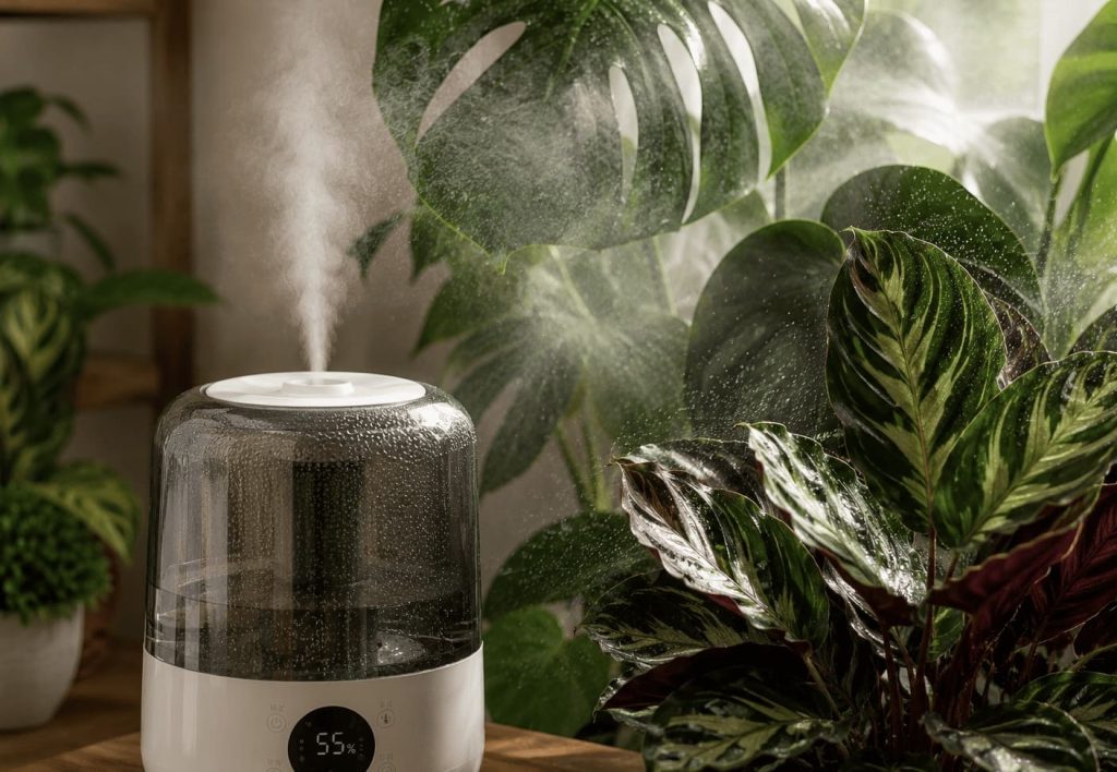 humidificateur pour plantes dans salon avec plantes tropicales intérieur humidité idéale