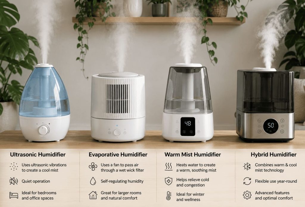 comparaison humidificateur ultrasonique évaporatif vapeur chaude hybride plantes intérieur