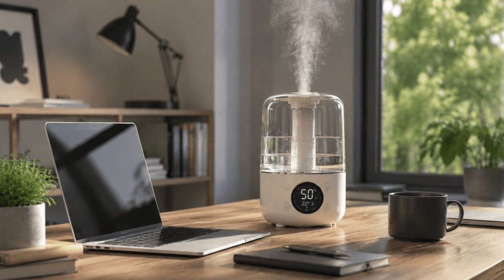 Espace de télétravail moderne avec ordinateur et air intérieur confortable