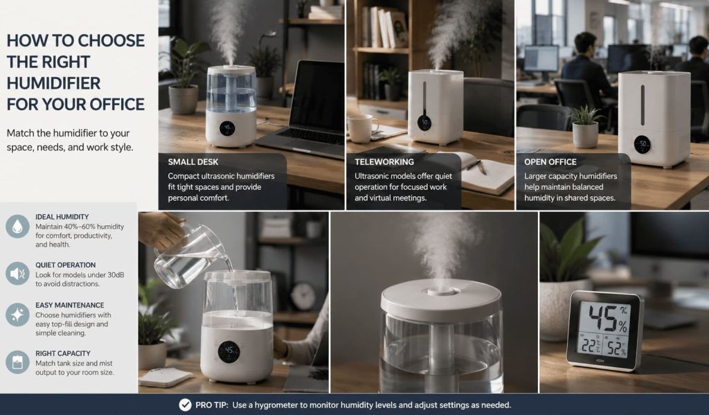 Choisir humidificateur bureau selon télétravail open space petit bureau
