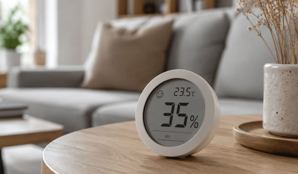 Hygromètre affichant le taux d’humidité dans un salon