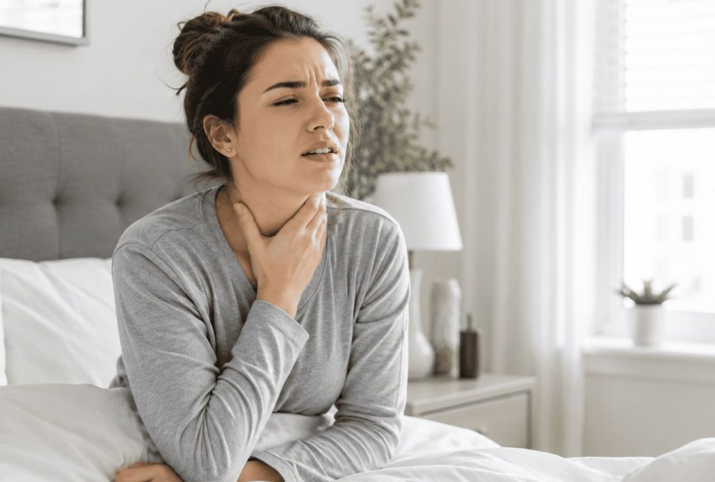 Personne ressentant une gorge sèche et des yeux irrités dans une chambre