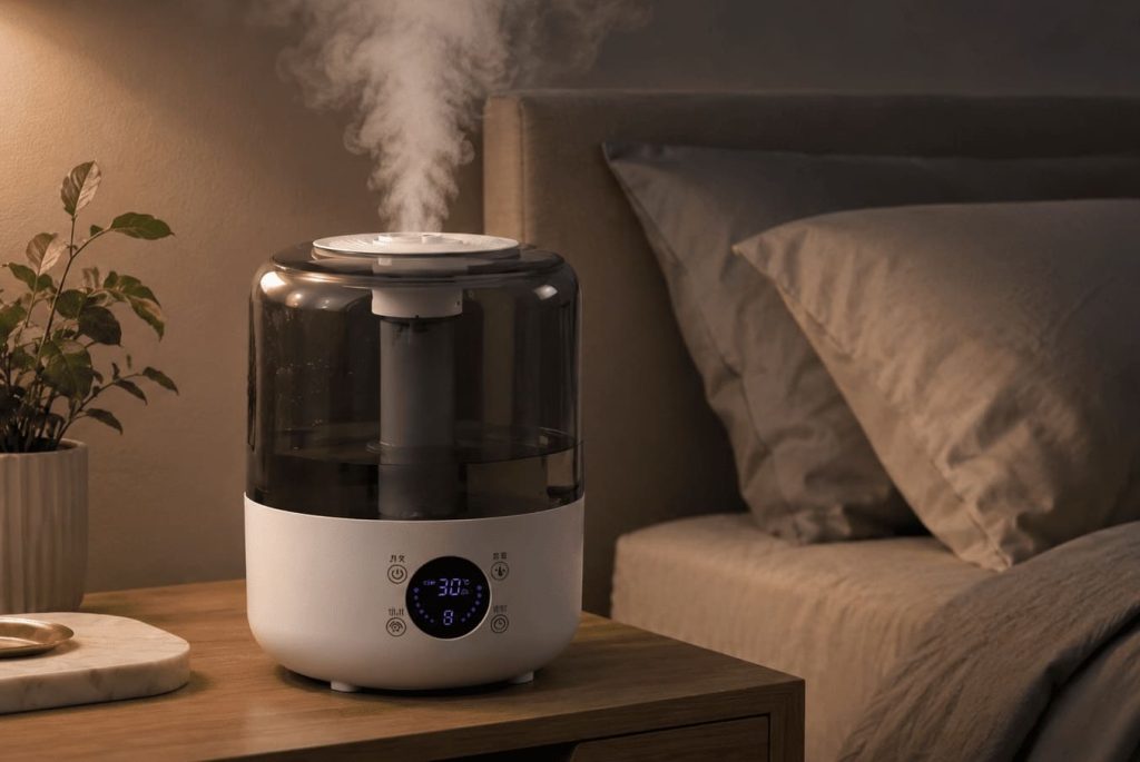 Humidificateur d’air en fonctionnement dans une chambre