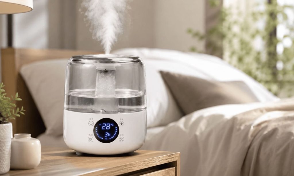 Humidificateur d’air silencieux ultrasonique 3 litres dans une chambre moderne.