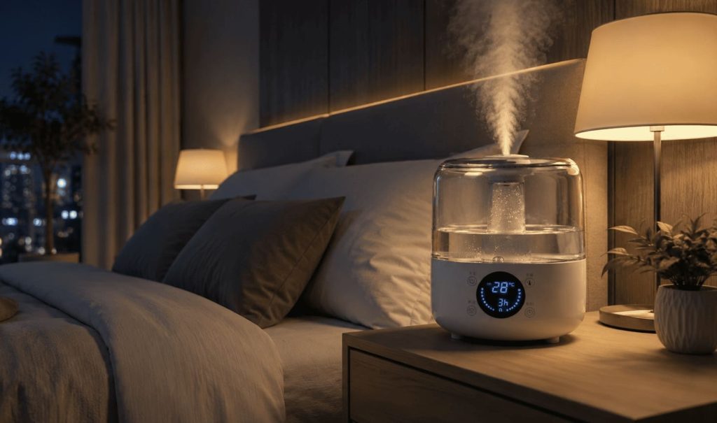 Humidificateur silencieux fonctionnant dans une chambre pendant la nuit.