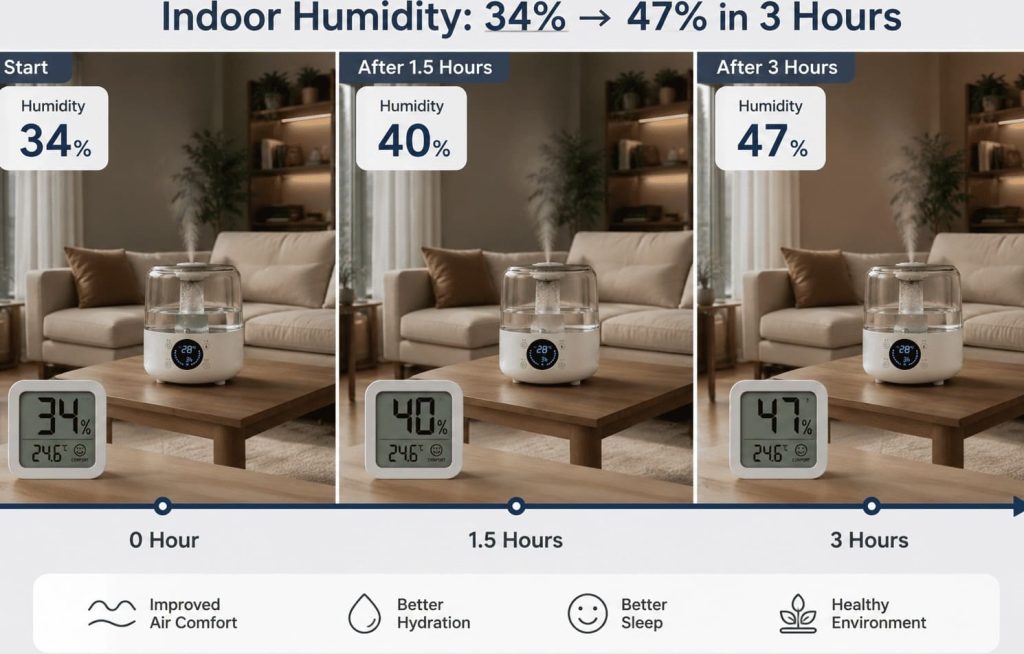 Évolution du taux d’humidité dans une pièce après utilisation d’un humidificateur.