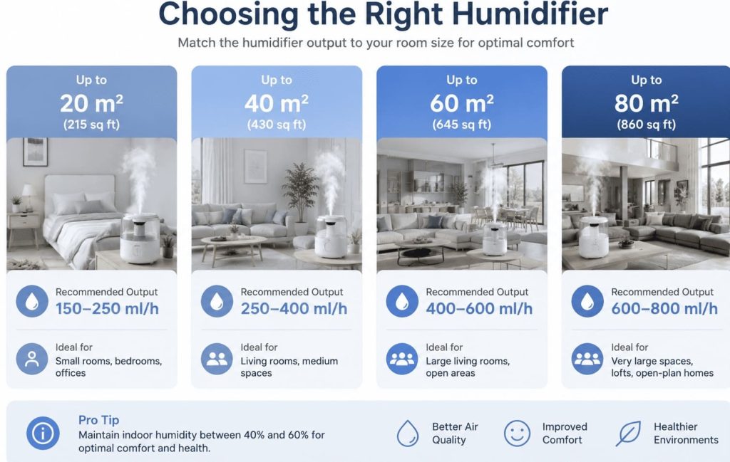Débit recommandé d’un humidificateur selon la surface de la pièce.