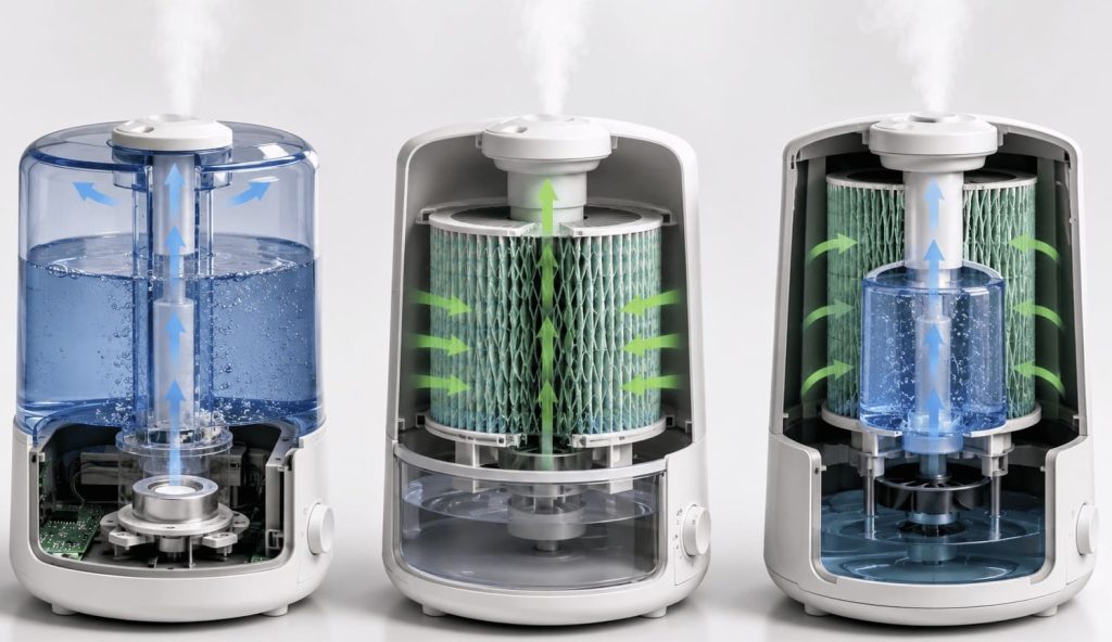 Fonctionnement des technologies d’humidificateurs ultrasonique, évaporatif et hybride.