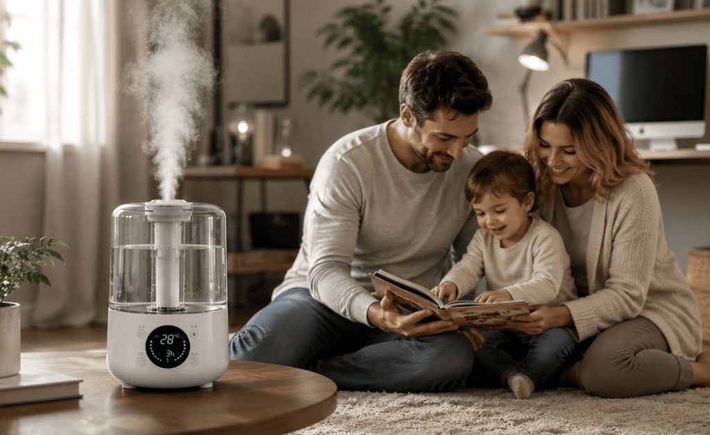 Appareil diffusant une fine brume dans le salon d’une maison familiale. 
