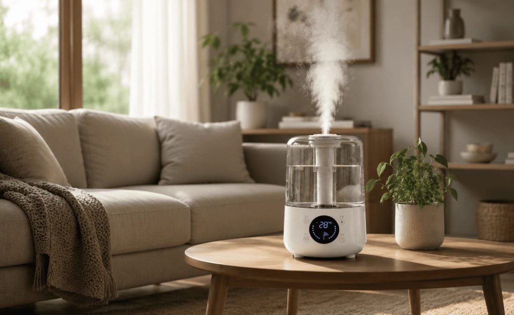 Salon moderne équipé d’un humidificateur économique.