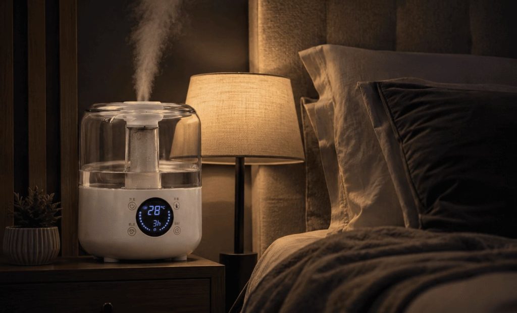 Appareil diffusant une fine brume pendant la nuit dans une chambre à coucher.