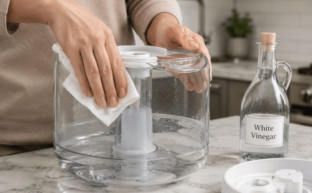 Nettoyage d’un humidificateur avec du vinaigre blanc.
