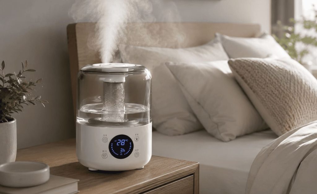 Humidificateur vapeur chaude en fonctionnement avec vapeur visible dans une chambre moderne