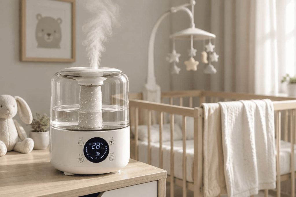 Système d’humidification en fonctionnement dans une chambre de bébé avec diffusion contrôlée d’humidité