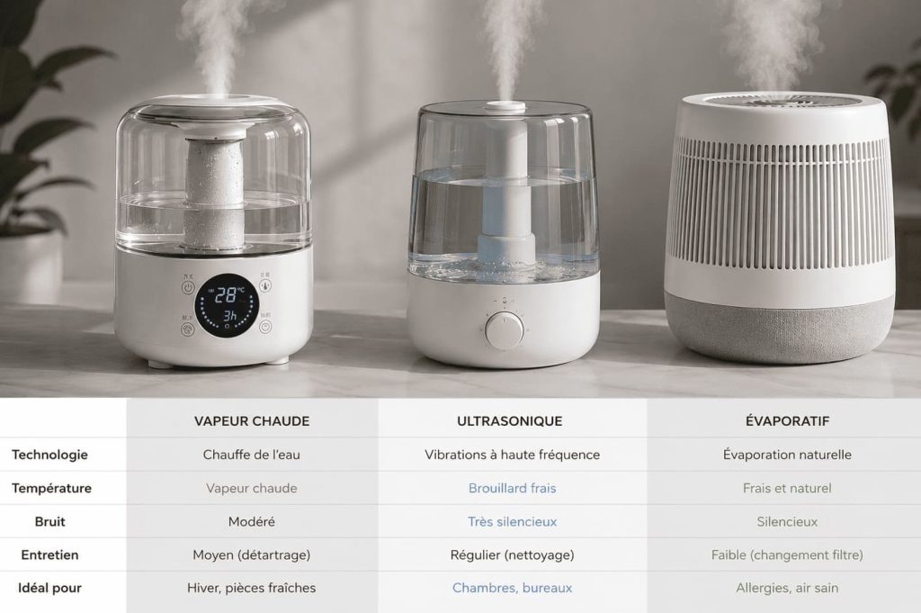 Comparaison des différents types d’humidificateurs : vapeur chaude, ultrasonique et évaporatif