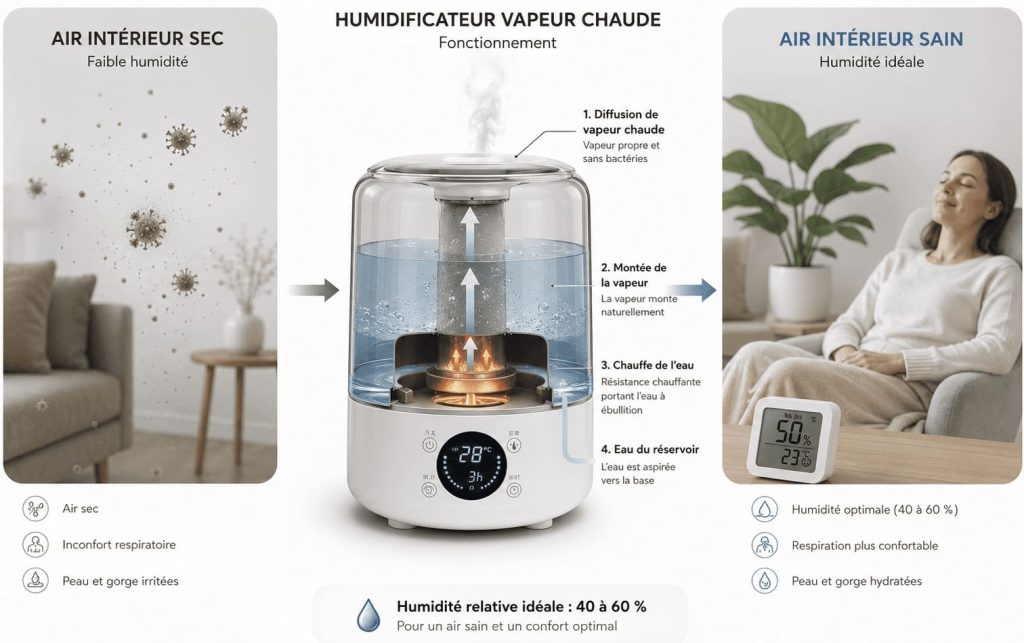 Schéma du fonctionnement d'un humidificateur vapeur chaude montrant le chauffage de l'eau, la diffusion de vapeur et l'augmentation de l'humidité intérieure entre 40 et 60 %