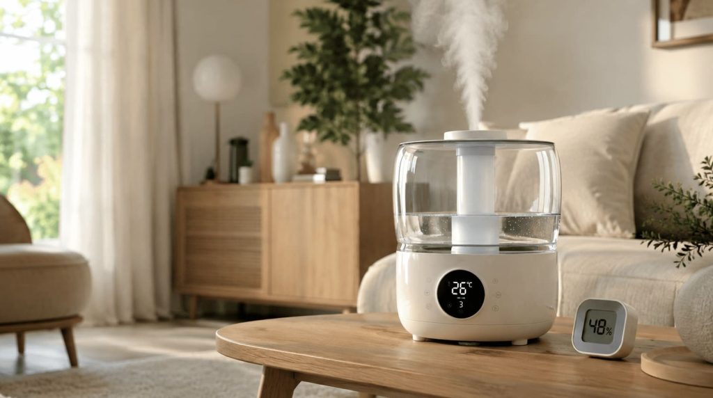 Humidificateur d’air domestique diffusant une fine brume dans une pièce avec hygromètre.