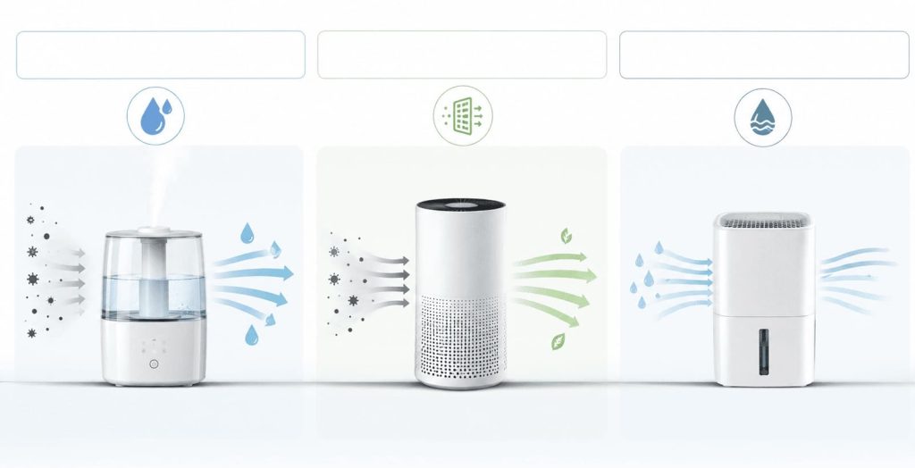 Différence entre humidificateur, purificateur et déshumidificateur d’air.