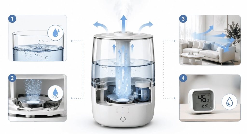 Schéma du fonctionnement général d’un humidificateur d’air.
