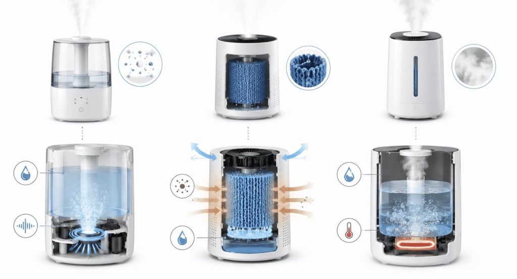 Comparaison des technologies ultrasonique, évaporative et à vapeur.