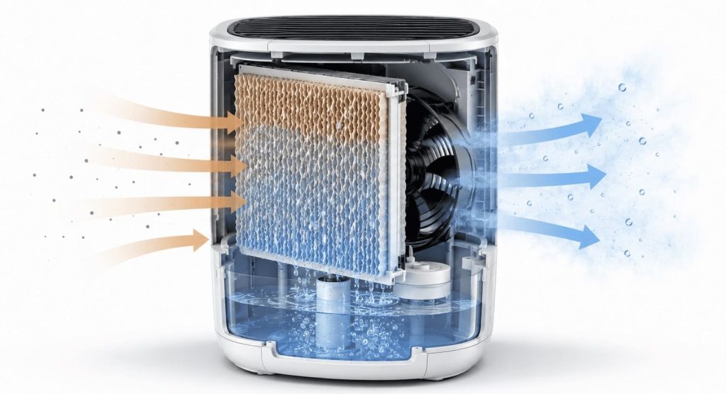 Fonctionnement d’un humidificateur évaporatif avec filtre humide et ventilateur.