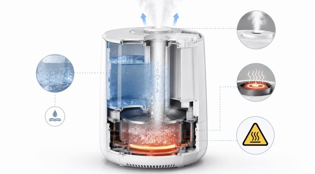 Schéma du fonctionnement d’un humidificateur à vapeur chaude.