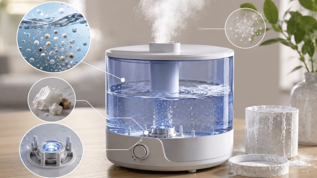 Dépôts minéraux pouvant apparaître avec certains humidificateurs ultrasoniques.