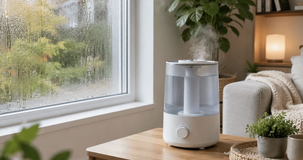 Condensation sur une fenêtre pouvant signaler une humidité intérieure excessive.