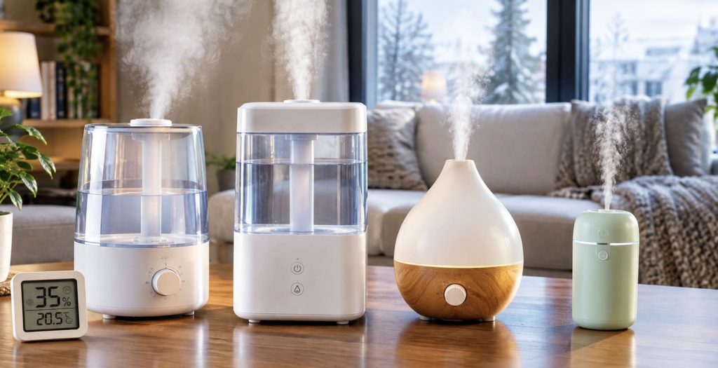 Humidificateur d’air dans un intérieur avec hygromètre mesurant une faible humidité