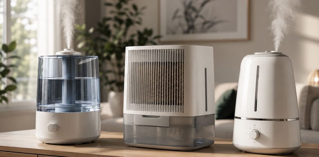 alt="Comparaison des technologies d’humidificateur ultrasonique évaporatif et vapeur chaude"