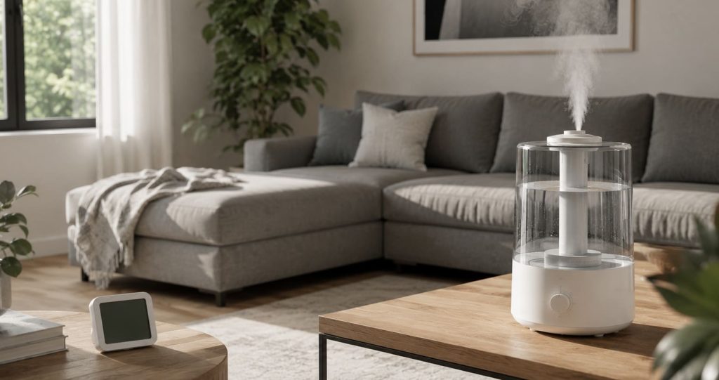 alt="Humidificateur adapté au volume d’une pièce avec hygromètre"